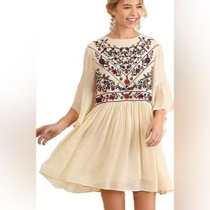 Cute Embroidered Floral Dress - Ivory
